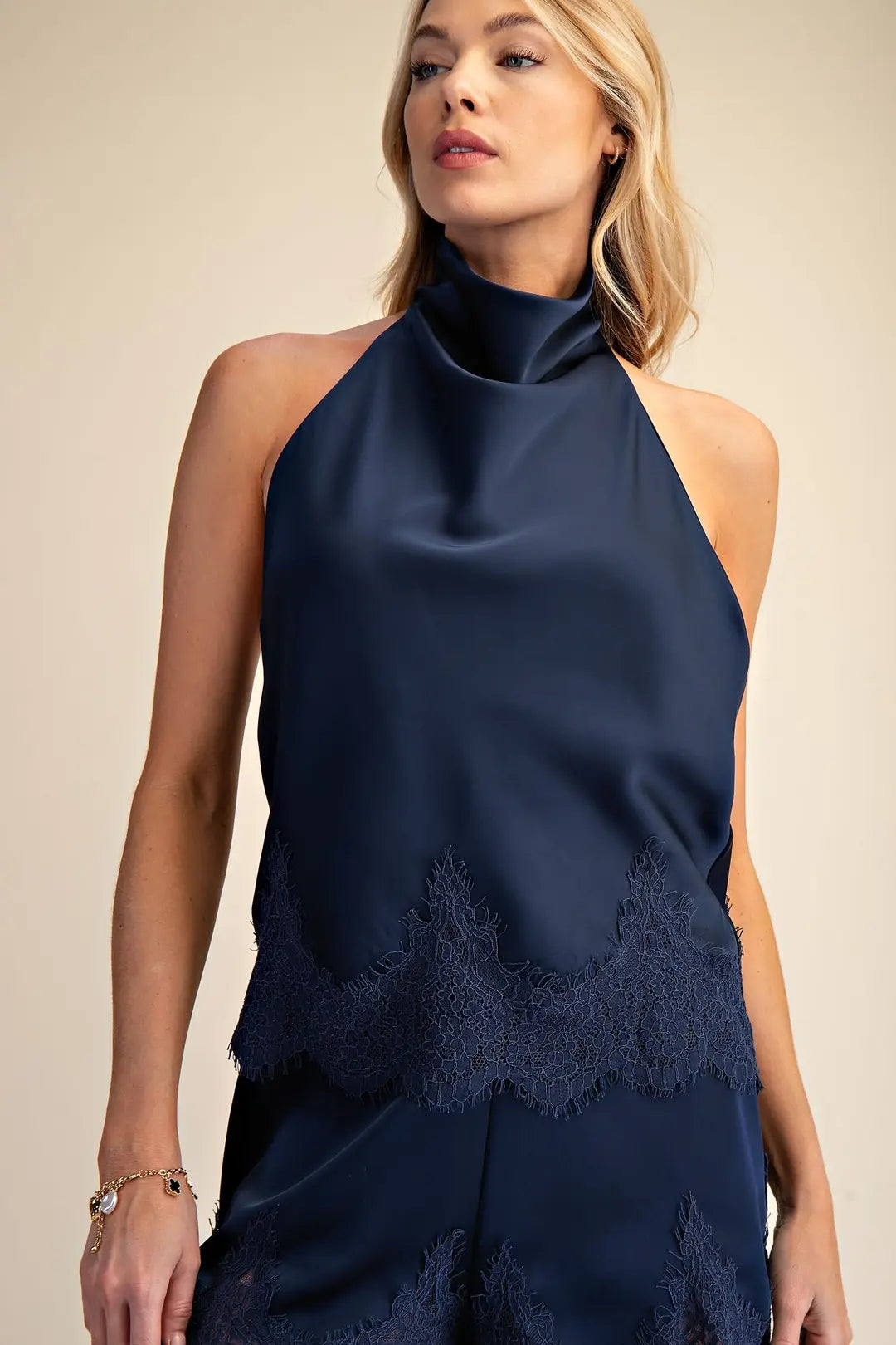 Satin Halter Neck Open Back Lace Trim Top Navy Large