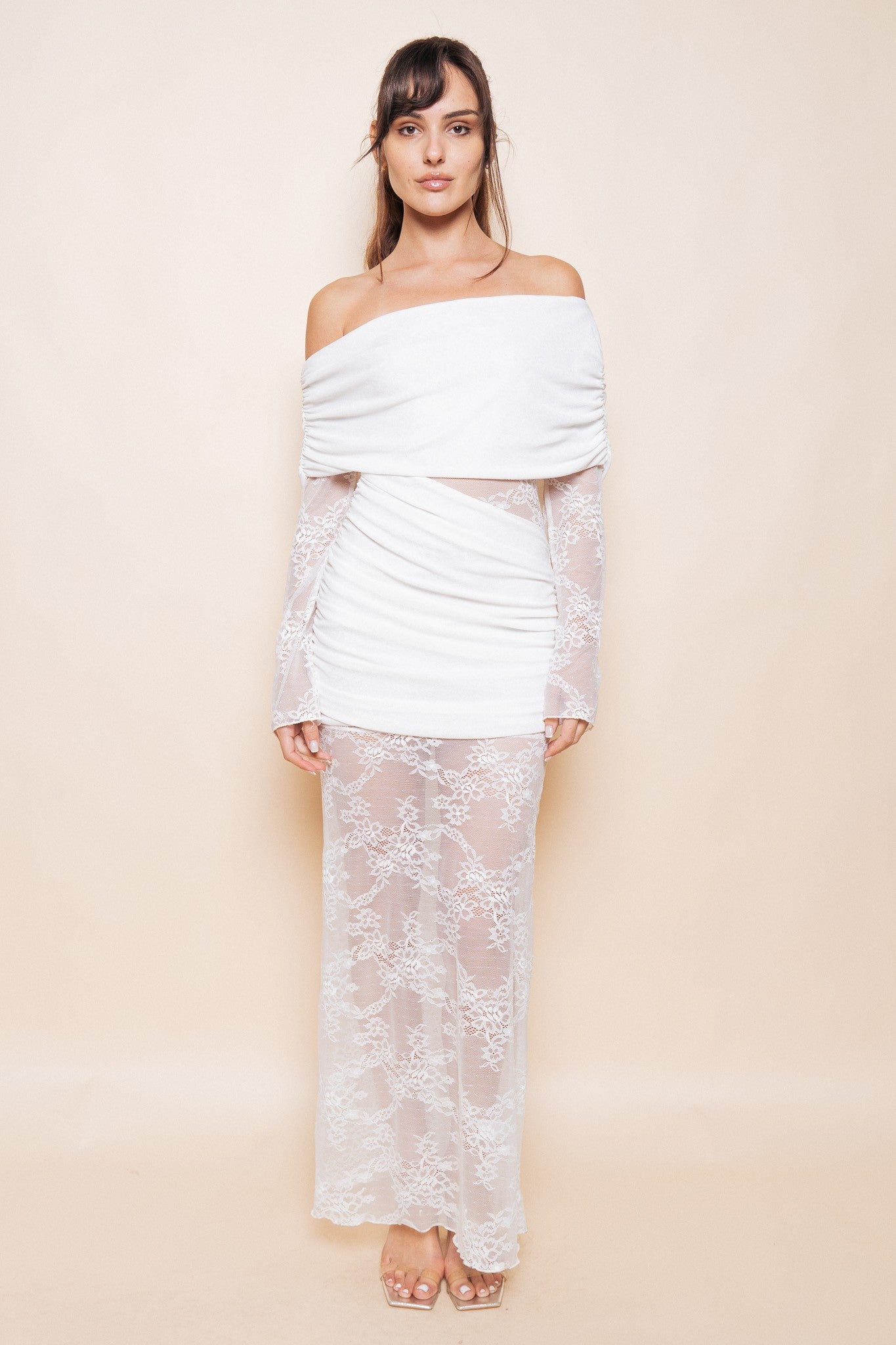 off the shoulder white lace maxi dress Contrast Ruch Long Sleeve Small Size:37X30 Empire Waist Plus Size Please refer to the multibuy