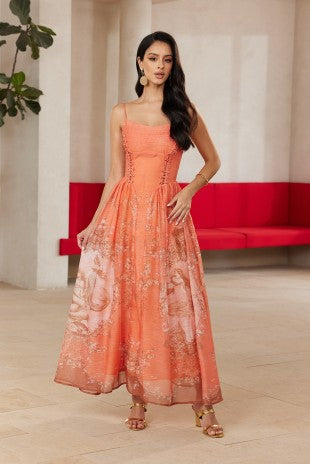 Corset Waist Whimsical Garden Midi Dress Medium