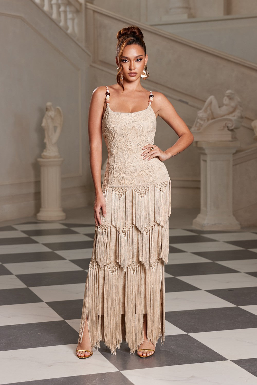 Bohemian Heirloom Tiered Fringe Dress in Khaki