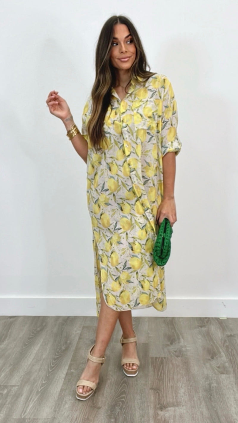 Limoncello Beige Lemon Print Dress