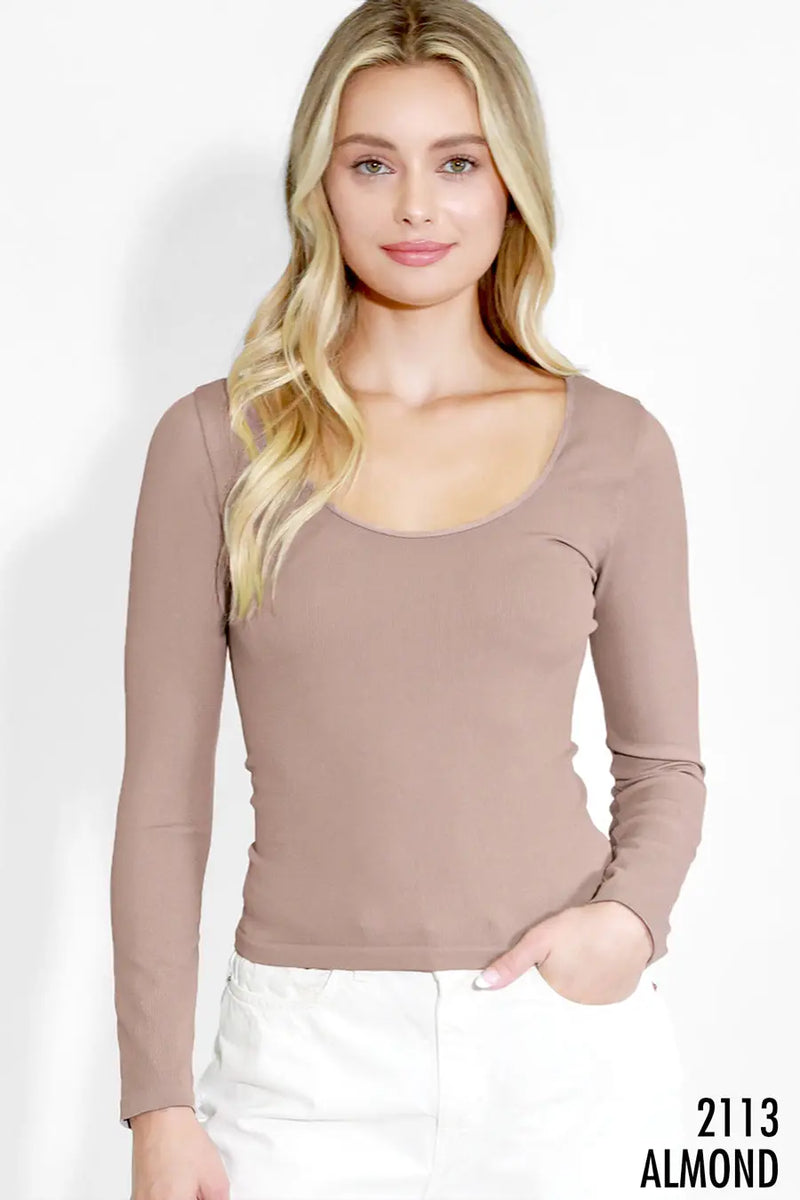 Madeline Long Sleeve Ribbed Scoop Neck Top One Size - PRINZZESA BOUTIQUE