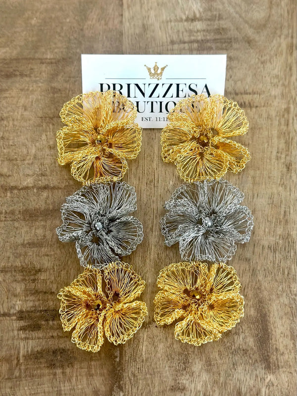 Triple Flower Two Tone Drop Earrings - PRINZZESA BOUTIQUE