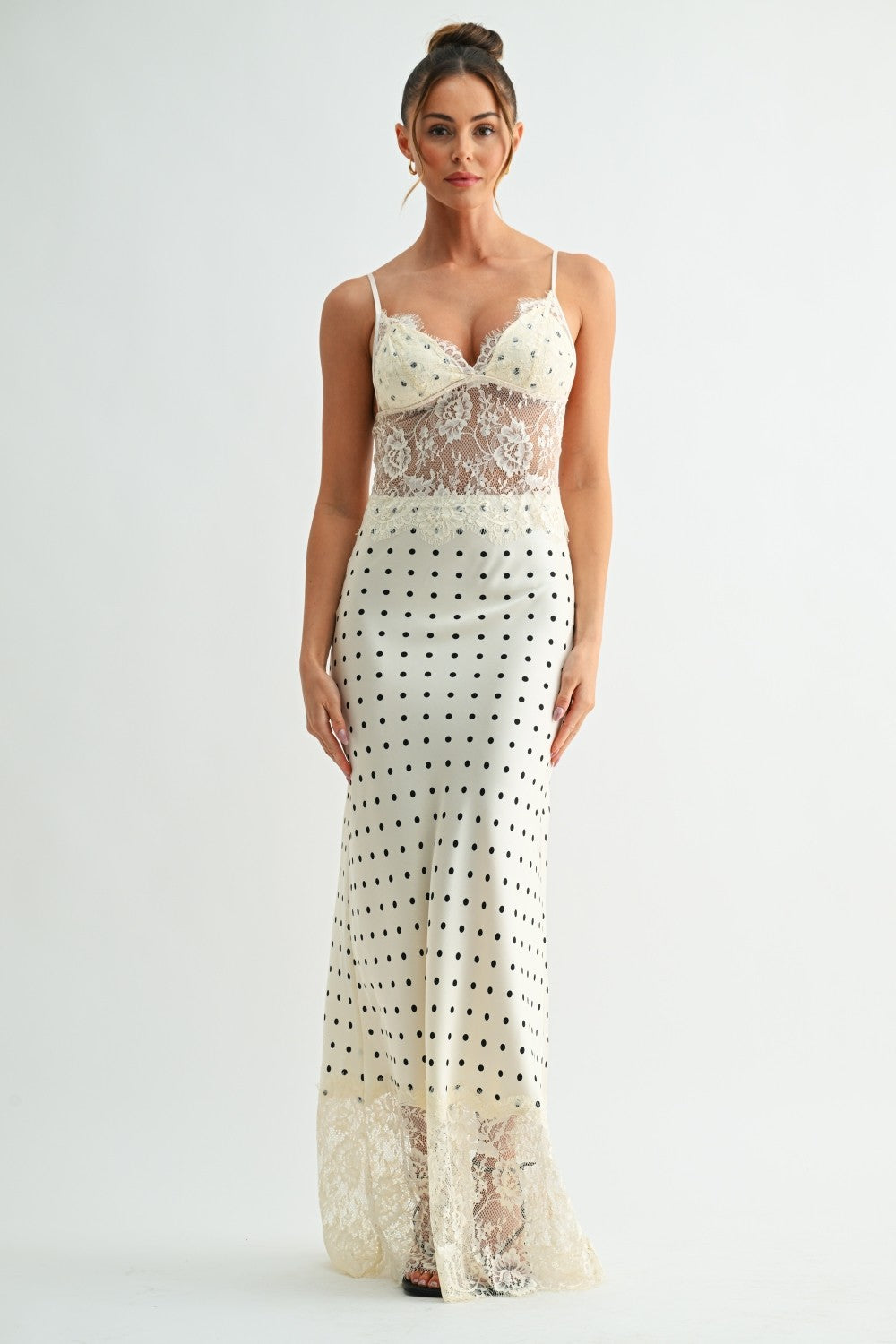 cream polka dot maxi dress Mesh Polka Dot Lace Detail Maxi Dress for Women in Cream at Glik's , L