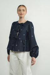 Lara Bow Print Denim Bow Tie Blouse - PRINZZESA BOUTIQUE