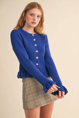 RUFFLE HEM RIBBED KNIT SWEATER CARDIGAN Blue