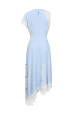 Satin Lace Asymmetric Maxi Dress in Blue