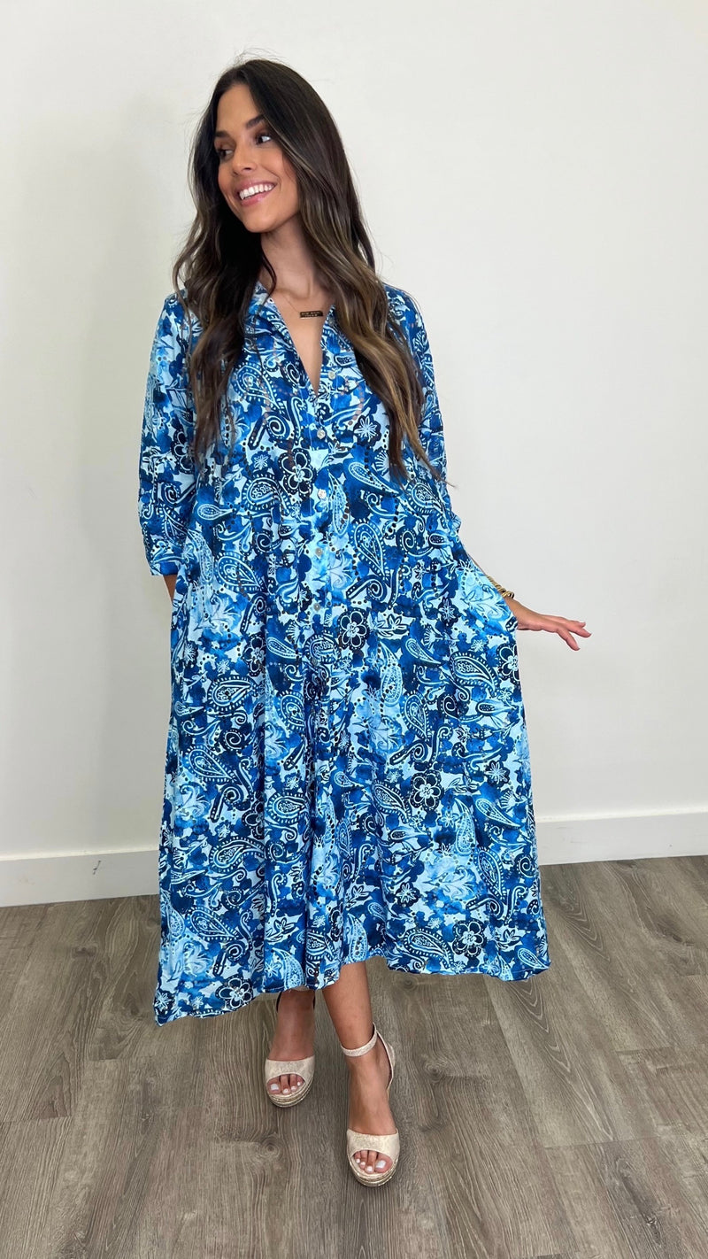 Perce Italian Blue Print Eyelet Maxi Dress