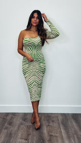 One Shoulder Animal Stretch Dress Green/Taupe