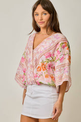 Border Print Front Wrap Kimono Top