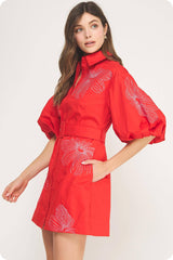 Embroidered Puff Sleeve Belted Mini Shirt Dress