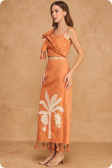 Tropical Palm Embroidered Tie-Shoulder Tassel Linen Set