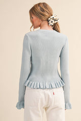RUFFLE HEM RIBBED KNIT SWEATER CARDIGAN Blue