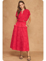 Red Floral Embroidery Cotton Lace Trim Skirt Top Set