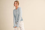 RUFFLE HEM RIBBED KNIT SWEATER CARDIGAN Blue