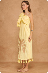 Tropical Palm Embroidered One-Shoulder Tassel Linen Mini