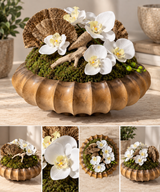 CasaMiami wooden bowl with orchid arrangement