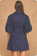 Embroidered Puff Sleeve Belted Mini Shirt Dress
