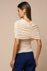 Asymmetrical Ruched Mesh Top in Beige