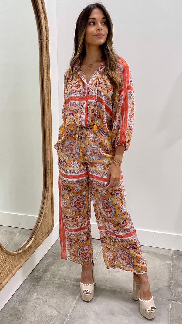 Scarf Print Balloon Sleeve Blouse Orange mix