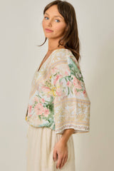 Border Print Front Wrap Kimono Top