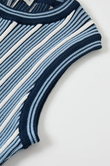 Pinstripe Knit Godet Sleeveless Midi Dress Blue