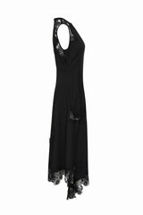 Satin Lace Asymmetric Maxi Dress in Black