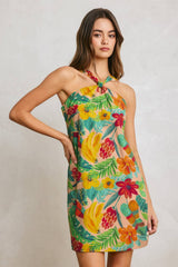 Tropical Conversational Knot Halter Mini Dress