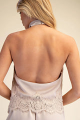 Satin Halter Neck Open Back Lace Trim Top Almond