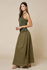 Crisscross Halter Contrast Knit & Woven Maxi Dress in Olive
