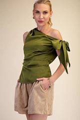 Asymmetric One Shoulder Satin Bow Top