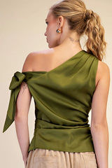 Asymmetric One Shoulder Satin Bow Top
