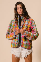 Bleached Vintage Plaid Quilted Jacket With Pockets