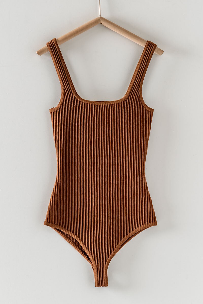 Rory Square Neck Bodysuit in Brown - PRINZZESA BOUTIQUE