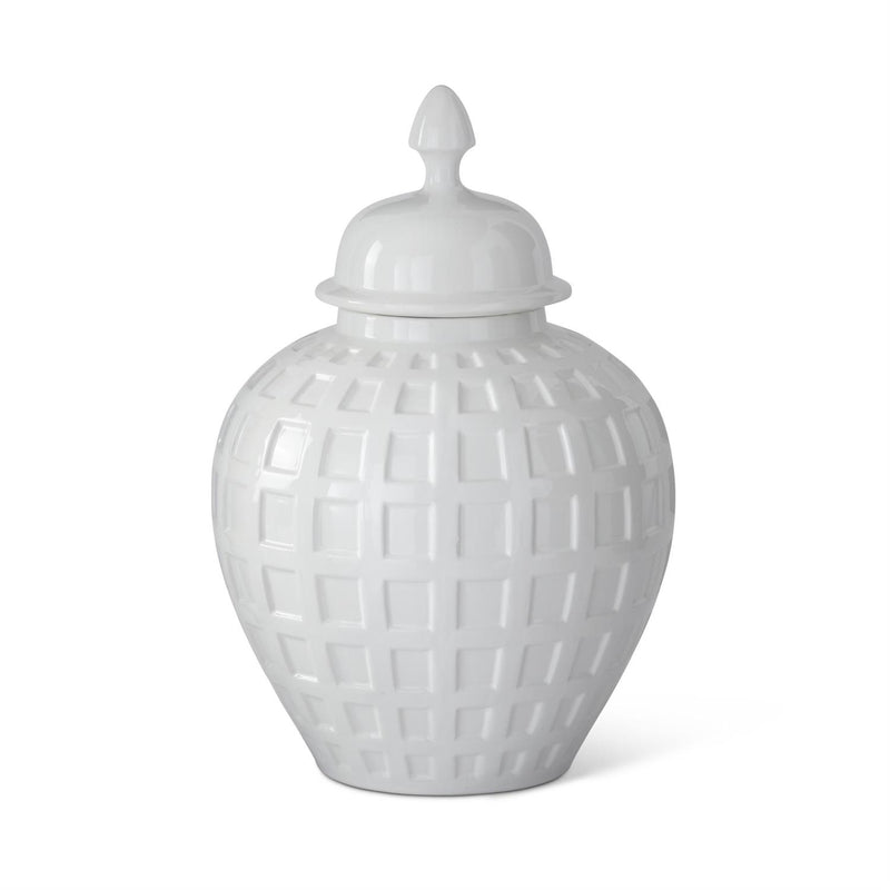 White ceramic jar with a lid on a white background