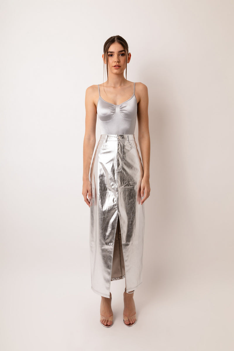 Thea Metallic Silver Skirt. - PRINZZESA BOUTIQUE