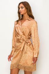 La Sevillana Animal Print Fringed Dress Gold