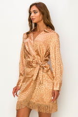 La Sevillana Animal Print Fringed Dress Gold