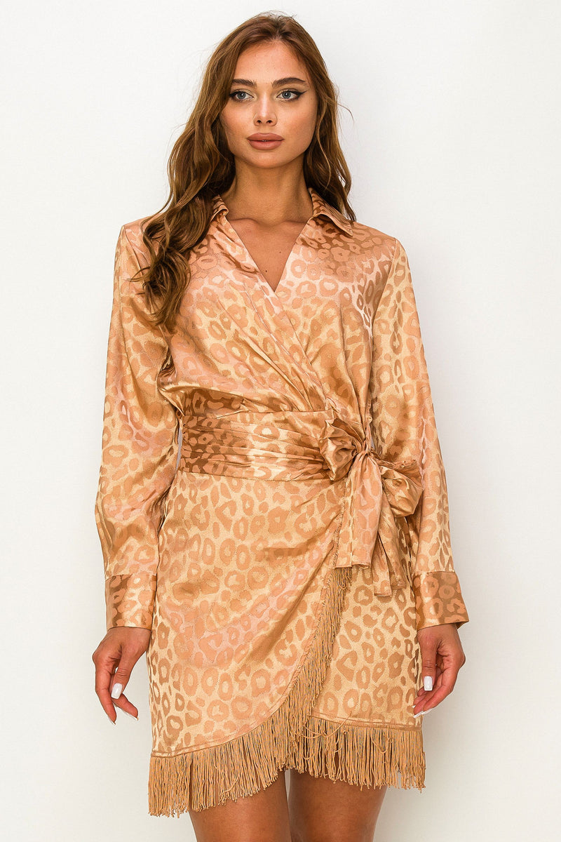 La Sevillana Animal Print Fringed Dress Gold