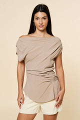 Asymmetric Ruched Top in Taupe