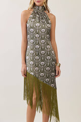 Floral Print Halter Fringe Midi Dress