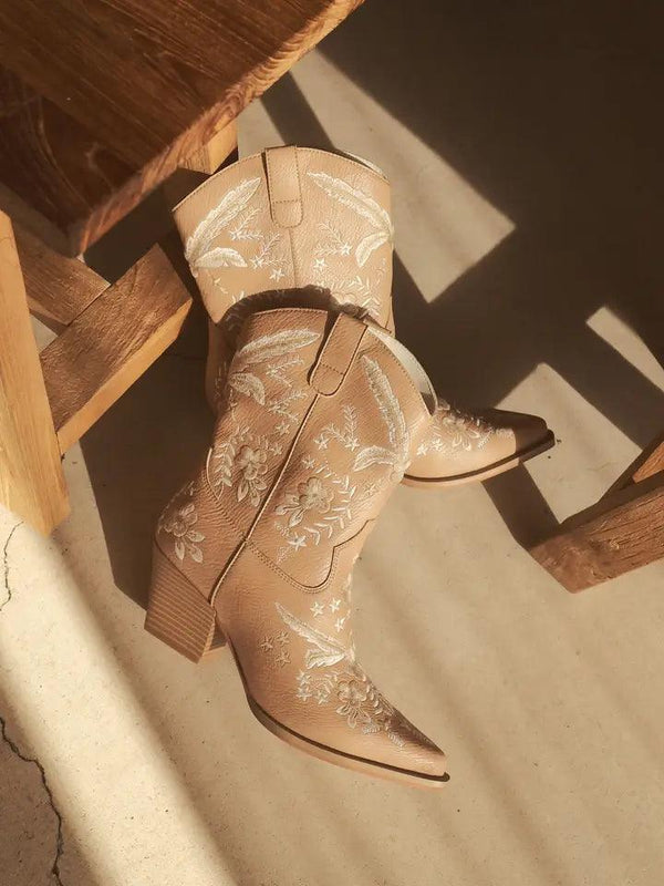 The Bailey Apricot Embroidered Cowboy Bootie - PRINZZESA BOUTIQUE