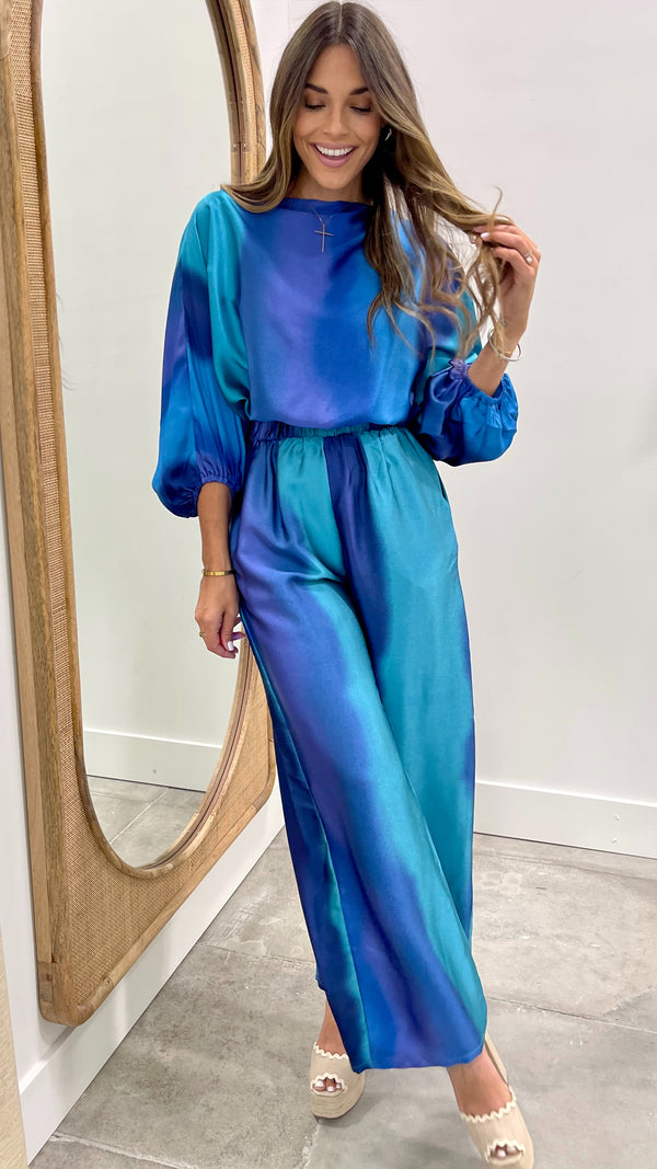 Blue Ombre Satin Boat Neck Blouson Top