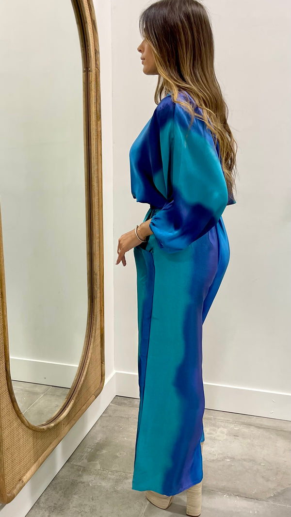 Blue Ombre Satin Boat Neck Blouson Top