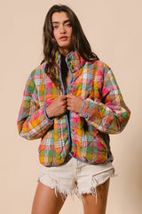 Bleached Vintage Plaid Quilted Jacket With Pockets
