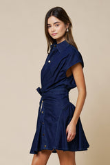 Denim Asymmetrical Button Down Front Tie Mini Dress