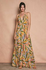 Tropical Smocked V Neck Halter Maxi Dress