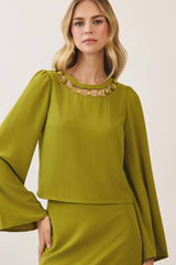 Beaded Embellishment Neck Bell Sleeve Top
