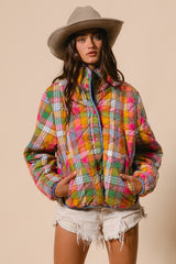 Bleached Vintage Plaid Quilted Jacket With Pockets