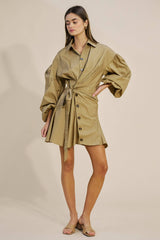 Collared Asymmetrical Button Down Mini Dress Taupe